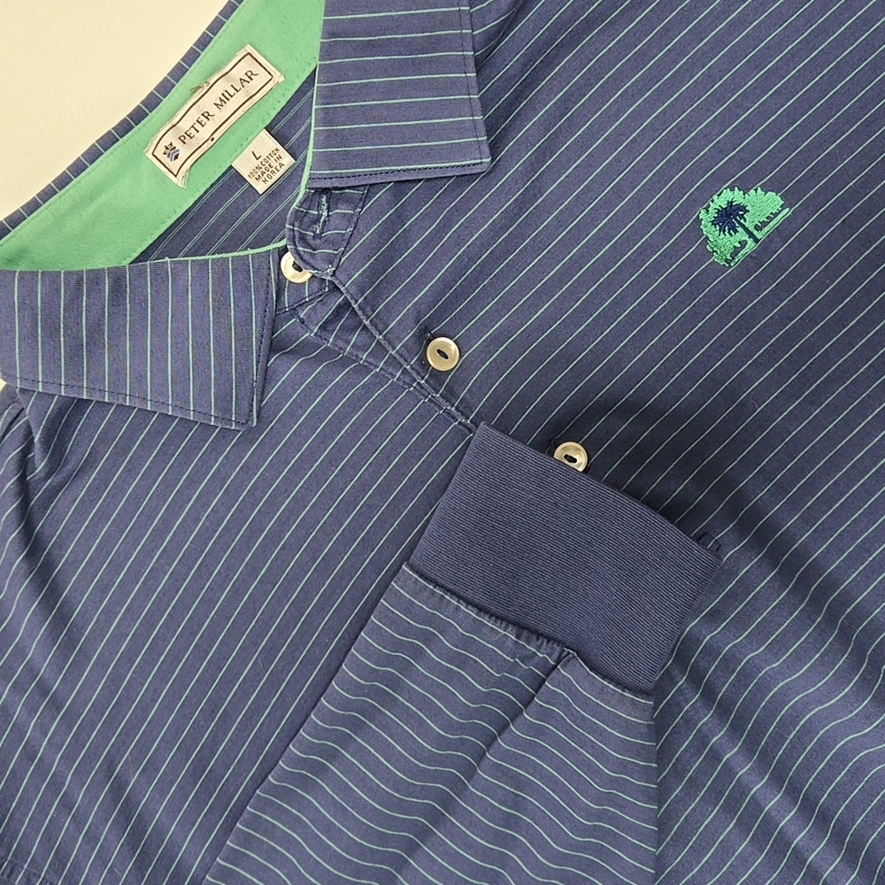 Peter Millar‎ Long Sleeve Polo Men’s Large Navy Green Stripe May River Golf Club